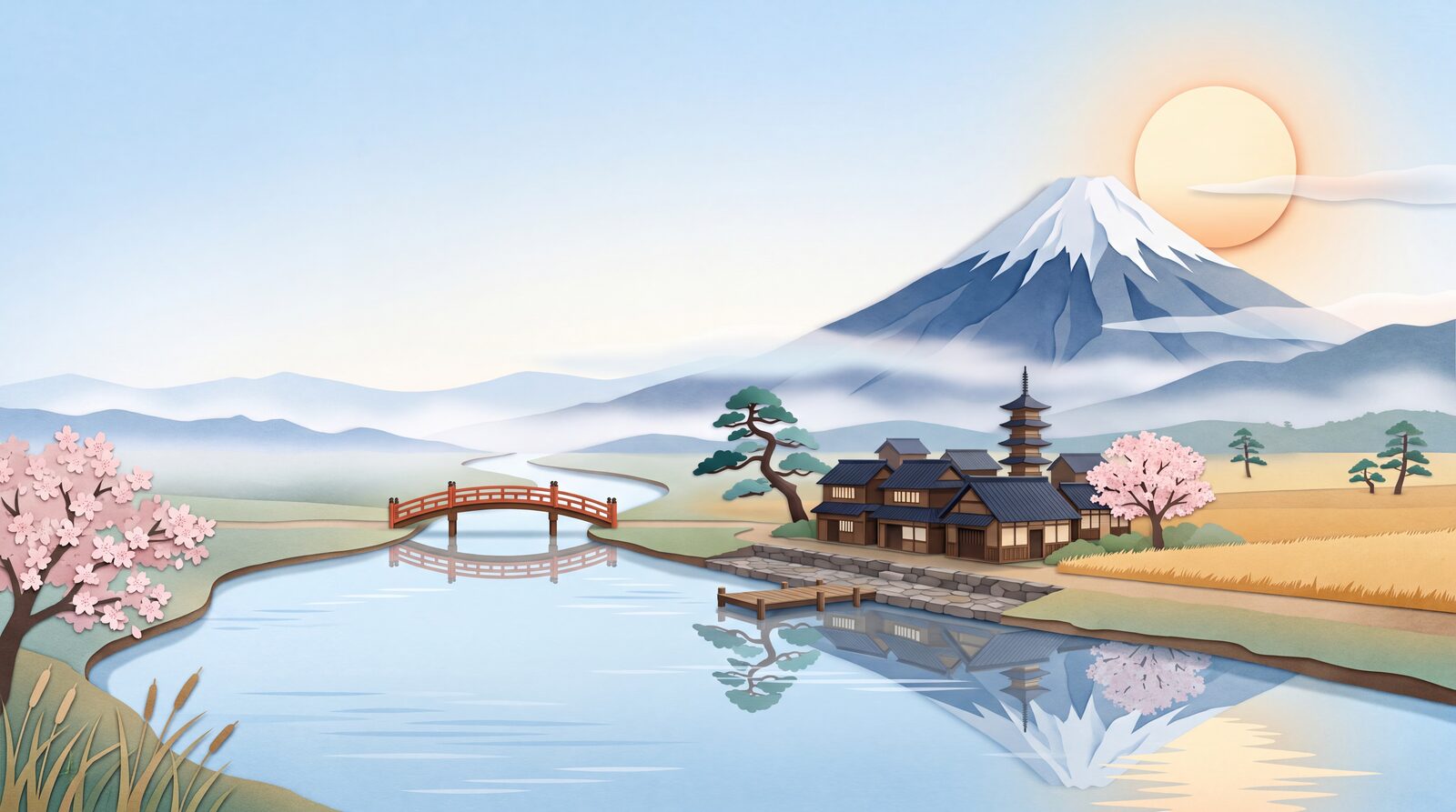 Paper-craft illustration of a river winding through a valley past a village, a red bridge, and a snow-capped mountain at sunrise