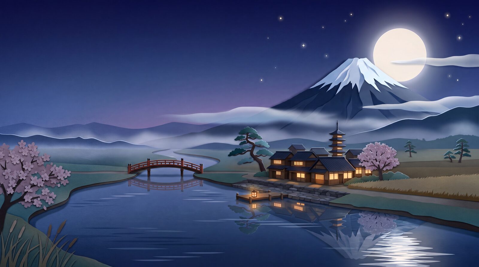 The same river valley at night under a full moon, with lamplight in the village windows