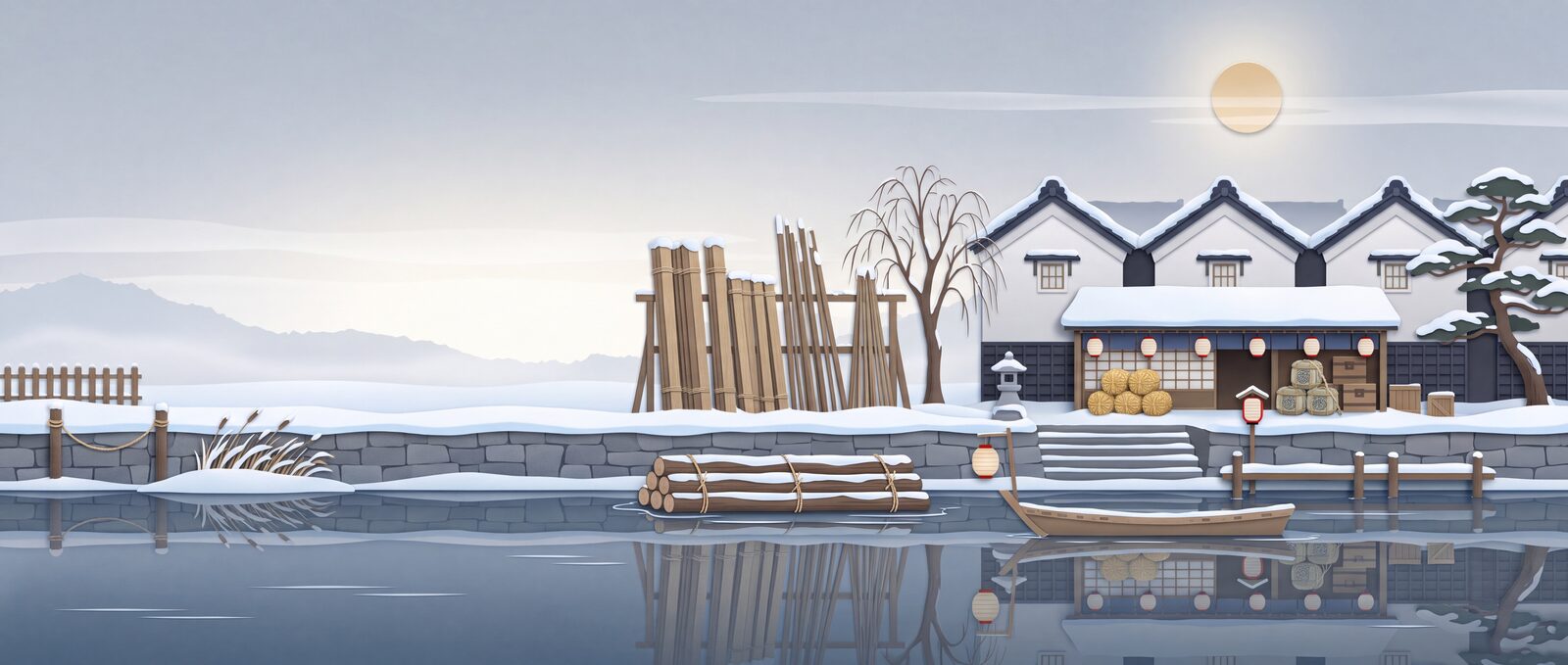 Paper-craft illustration of a timber yard on a canal after snowfall: upright timber, white storehouses, straw bales and sake casks under an eave, and a boat at the landing