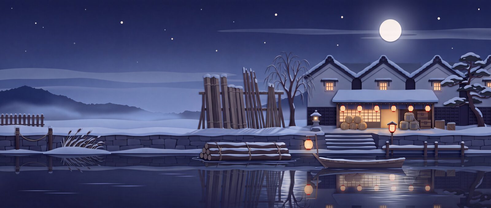 The same timber yard at night under a full moon, with lanterns lit along the eave and reflected in the canal