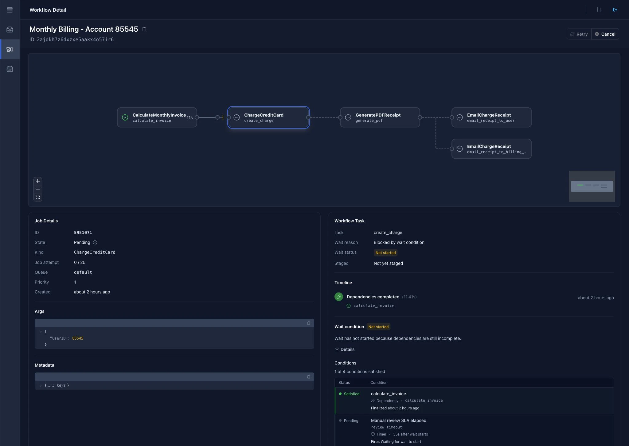 River UI workflow graph with a blocked billing task selected