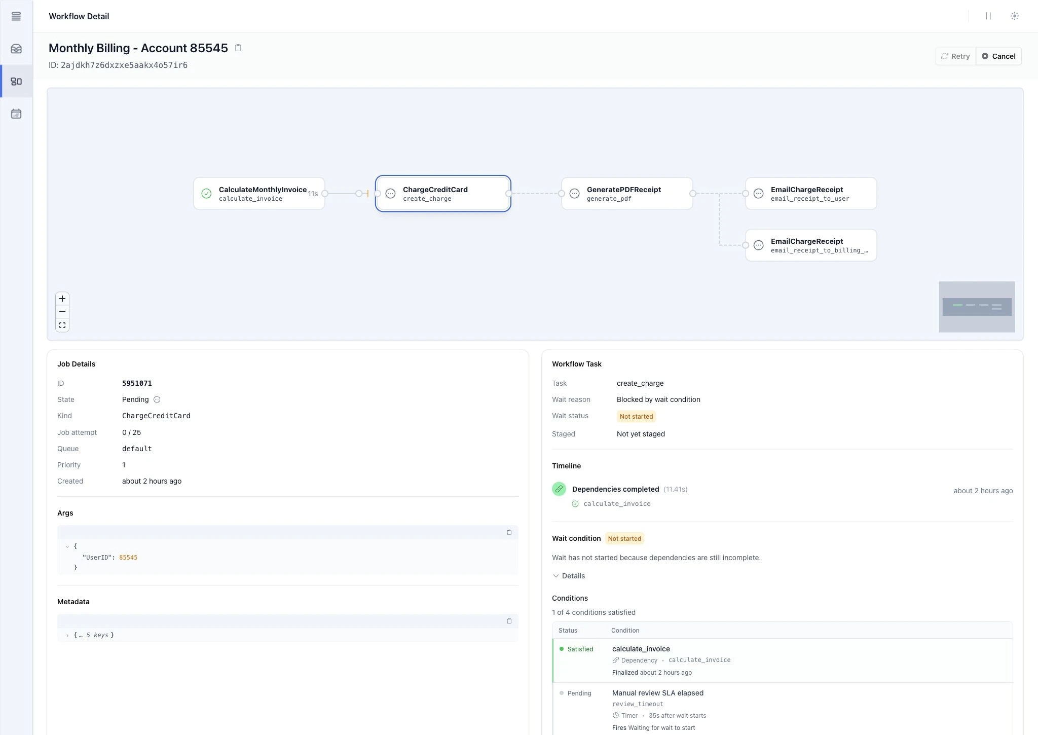 River UI workflow graph with a blocked billing task selected